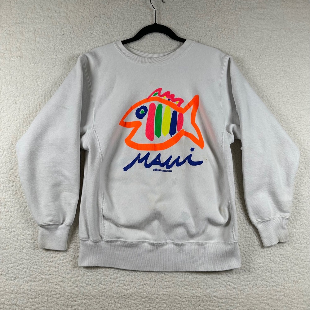 Vintage Sgt. Leisure Maui Sweatshirt Crewneck 1987 Neon Fish White L Surf Retro